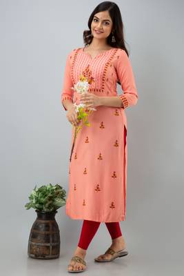 Nishabd women rayon embroidery straight 3/4 sleeves round neck calf kurta 1