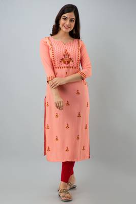 Nishabd women rayon embroidery straight 3/4 sleeves round neck calf kurta 2