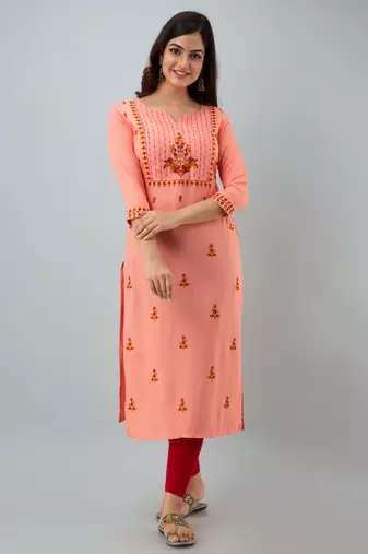Nishabd women rayon embroidery straight 3/4 sleeves round neck calf kurta