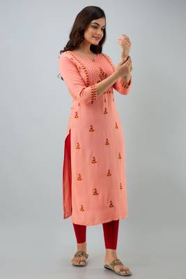 Nishabd women rayon embroidery straight 3/4 sleeves round neck calf kurta 3