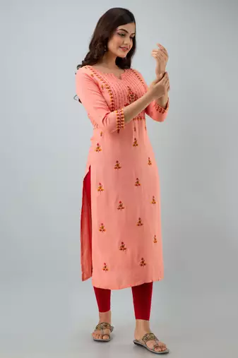 Nishabd women rayon embroidery straight 3/4 sleeves round neck calf kurta