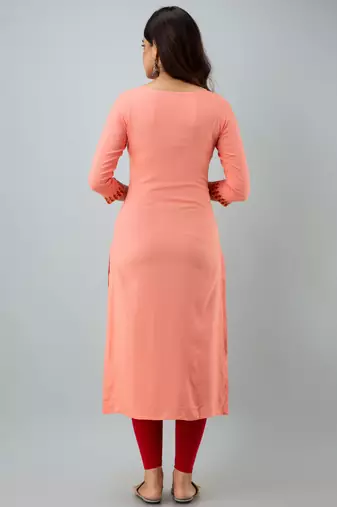 Nishabd women rayon embroidery straight 3/4 sleeves round neck calf kurta