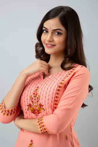 Nishabd women rayon embroidery straight 3/4 sleeves round neck calf kurta