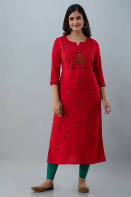Nishabd women rayon embroidery straight 3/4 sleeves round neck calf kurta 1