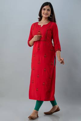 Nishabd women rayon embroidery straight 3/4 sleeves round neck calf kurta 2