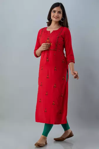 Nishabd women rayon embroidery straight 3/4 sleeves round neck calf kurta