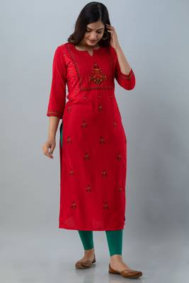 Nishabd women rayon embroidery straight 3/4 sleeves round neck calf kurta 3