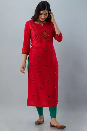 Nishabd women rayon embroidery straight 3/4 sleeves round neck calf kurta