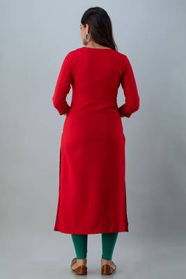 Nishabd women rayon embroidery straight 3/4 sleeves round neck calf kurta 4