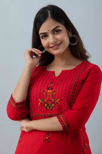 Nishabd women rayon embroidery straight 3/4 sleeves round neck calf kurta