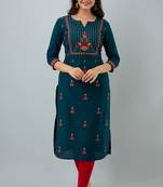 Nishabd women rayon embroidery straight 3/4 sleeves round neck calf kurta