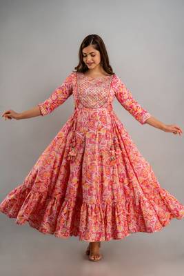 Nishabd women embroidered cotton flared 3/4 sleeves ankle length dress 1