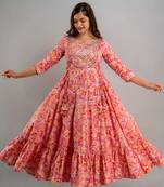 Nishabd women embroidered cotton flared 3/4 sleeves ankle length dress