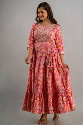 Nishabd women embroidered cotton flared 3/4 sleeves ankle length dress 2