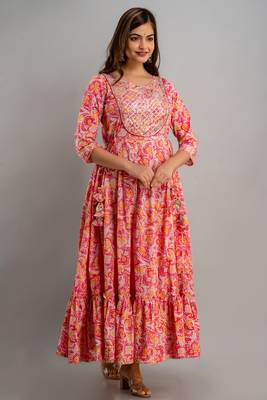 Nishabd women embroidered cotton flared 3/4 sleeves ankle length dress 3
