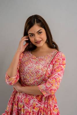 Nishabd women embroidered cotton flared 3/4 sleeves ankle length dress 5