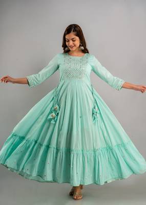 Nishabd women embroidered viscose rayon round neck 3/4 sleeves ankle flared kurta 1