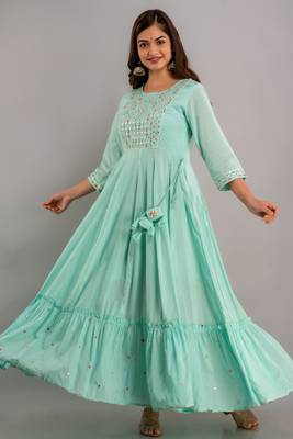 Nishabd women embroidered viscose rayon round neck 3/4 sleeves ankle flared kurta 2