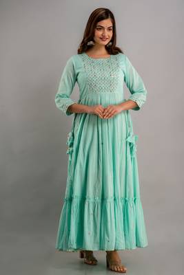 Nishabd women embroidered viscose rayon round neck 3/4 sleeves ankle flared kurta 3