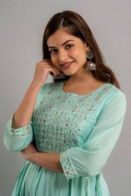 Nishabd women embroidered viscose rayon round neck 3/4 sleeves ankle flared kurta 5