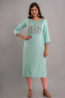Nishabd women embroidered viscose rayon round neck 3/4 sleeves calf length straight kurta 1