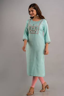 Nishabd women embroidered viscose rayon round neck 3/4 sleeves calf length straight kurta 2