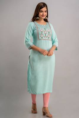 Nishabd women embroidered viscose rayon round neck 3/4 sleeves calf length straight kurta 3