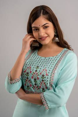 Nishabd women embroidered viscose rayon round neck 3/4 sleeves calf length straight kurta 5