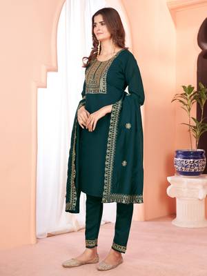 Designer collection blue color viscose fabric zari  embroidery work kurta set with dupatta 2