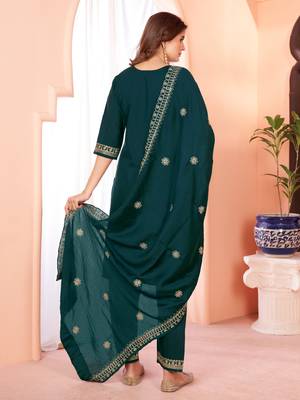 Designer collection blue color viscose fabric zari  embroidery work kurta set with dupatta 3