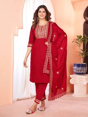 Designer collection maroon color viscose fabric zari  embroidery work kurta set with dupatta 1