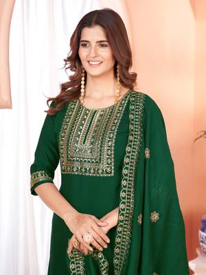 Designer collection green color viscose fabric  zari work heavy embroidery kurta set with dupatta 5