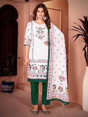 Traditional green color rayon fabric printed and mirror work kurta plazzo and dupatta set 1