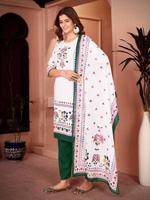 Traditional green color rayon fabric printed and mirror work kurta plazzo and dupatta set 2