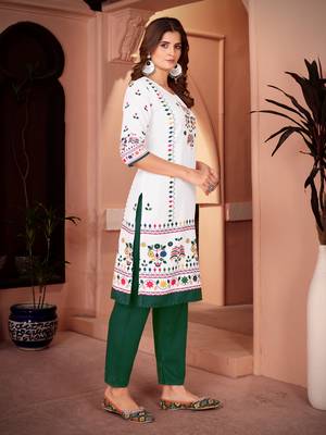 Traditional green color rayon fabric printed and mirror work kurta plazzo and dupatta set 3