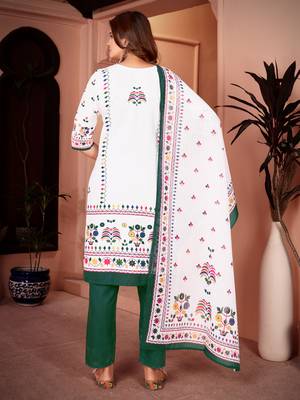 Traditional green color rayon fabric printed and mirror work kurta plazzo and dupatta set 4