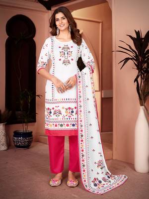 Traditional pink color rayon fabric printed and mirror work kurta plazzo and dupatta set 1