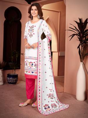 Traditional pink color rayon fabric printed and mirror work kurta plazzo and dupatta set 2