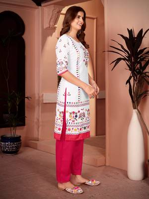 Traditional pink color rayon fabric printed and mirror work kurta plazzo and dupatta set 3