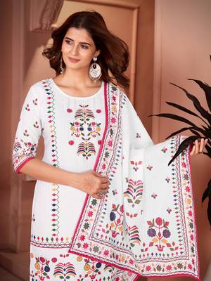 Traditional pink color rayon fabric printed and mirror work kurta plazzo and dupatta set 5