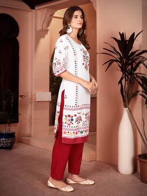 Traditional maroon color rayon fabric printed and mirror work kurta plazzo and dupatta set 3