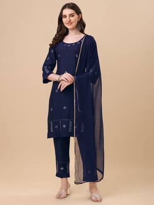 Designer blue color rayon fabric aari work kurta plazzo pant with dupatta 1