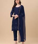 Designer blue color rayon fabric aari work kurta plazzo pant with dupatta