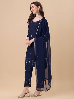 Designer blue color rayon fabric aari work kurta plazzo pant with dupatta 2