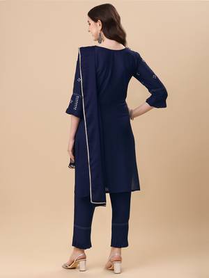 Designer blue color rayon fabric aari work kurta plazzo pant with dupatta 3