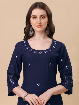 Designer blue color rayon fabric aari work kurta plazzo pant with dupatta 4