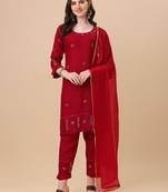 Designer red color rayon fabric aari work kurta plazzo pant with dupatta