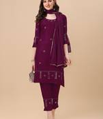 Designer wine color rayon fabric aari work kurta plazzo pant with dupatta