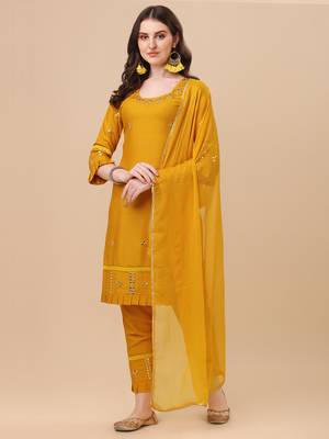 Designer yellow color rayon fabric aari work kurta plazzo pant with dupatta 1