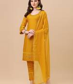 Designer yellow color rayon fabric aari work kurta plazzo pant with dupatta
